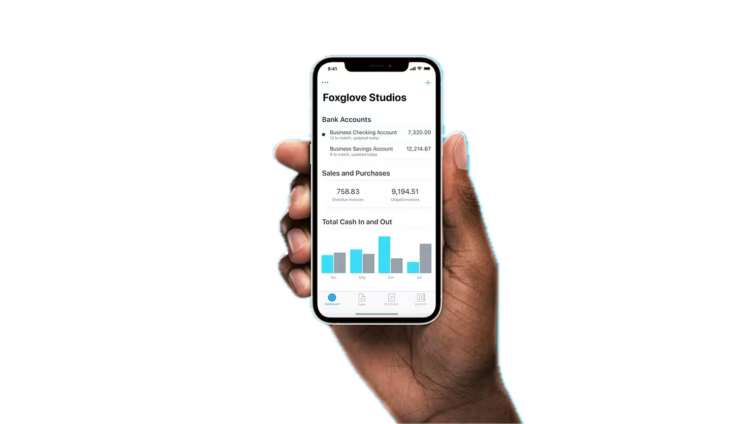 Xero mobile app showing bank account and sales data
