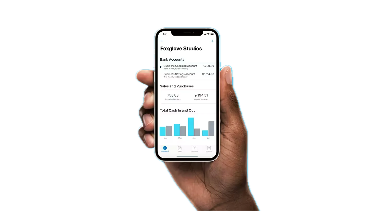 Xero mobile app showing bank account and sales data